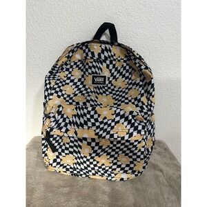 Vans Checkerboard Floral Backpack Black White Yellow Daisy Print